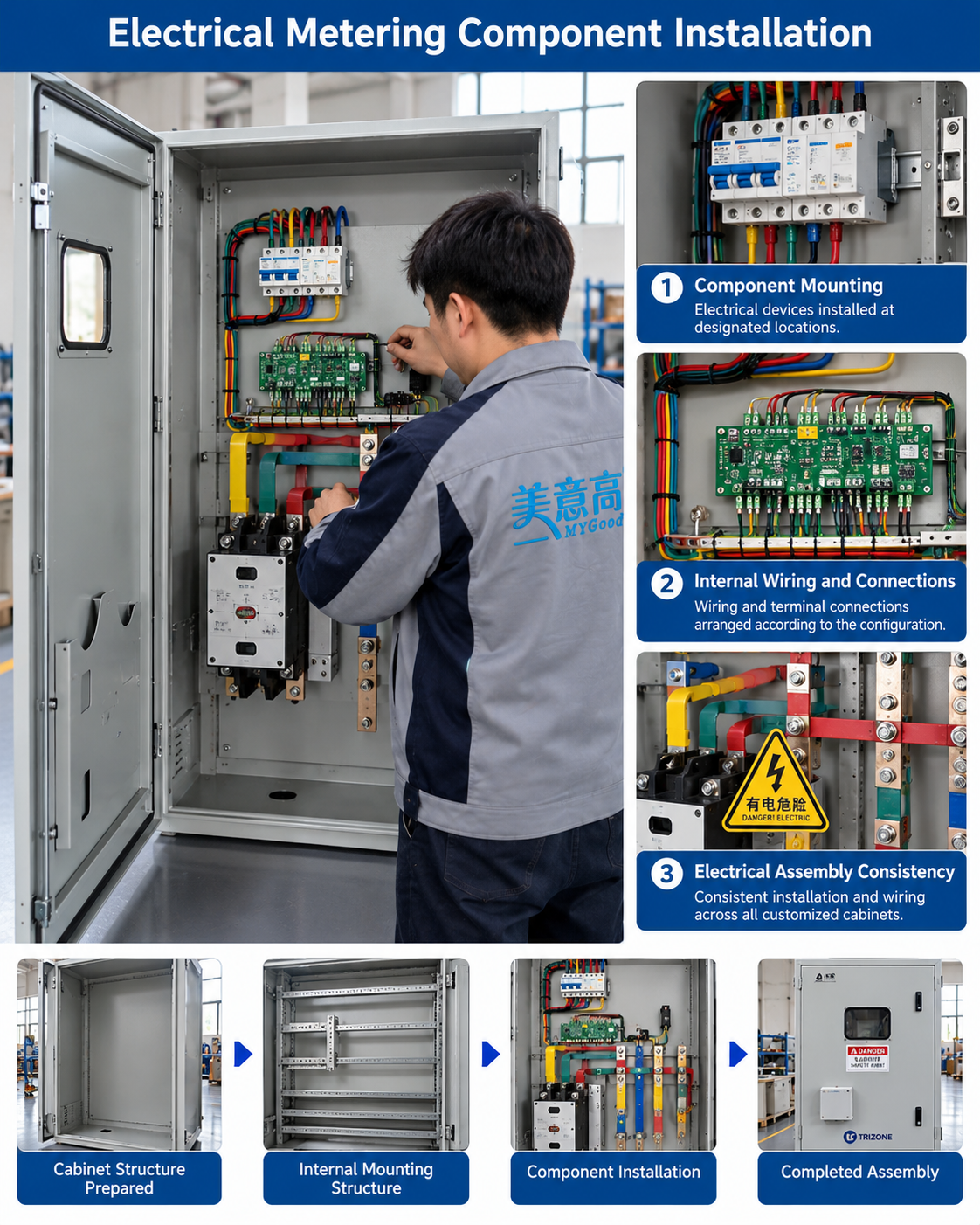 Electrical components and internal wiring installed in a custom OEM metering cabinet