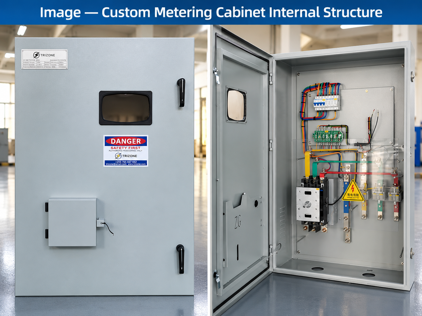 Custom OEM metering cabinet internal structure showing component mounting, electrical connections and cabinet layout