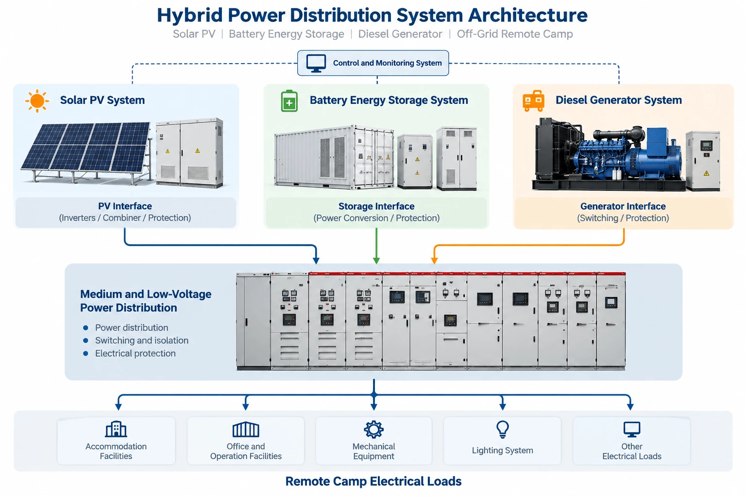 Conceptual off-grid hybrid power distribution system with solar PV battery storage and diesel generator support
