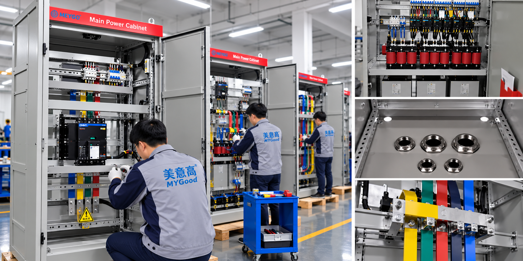 Industrial electrical distribution cabinet assembly at MEYGO factory