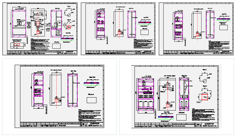 Engineering drawings and cabinet layout details for industrial power distribution assemblies