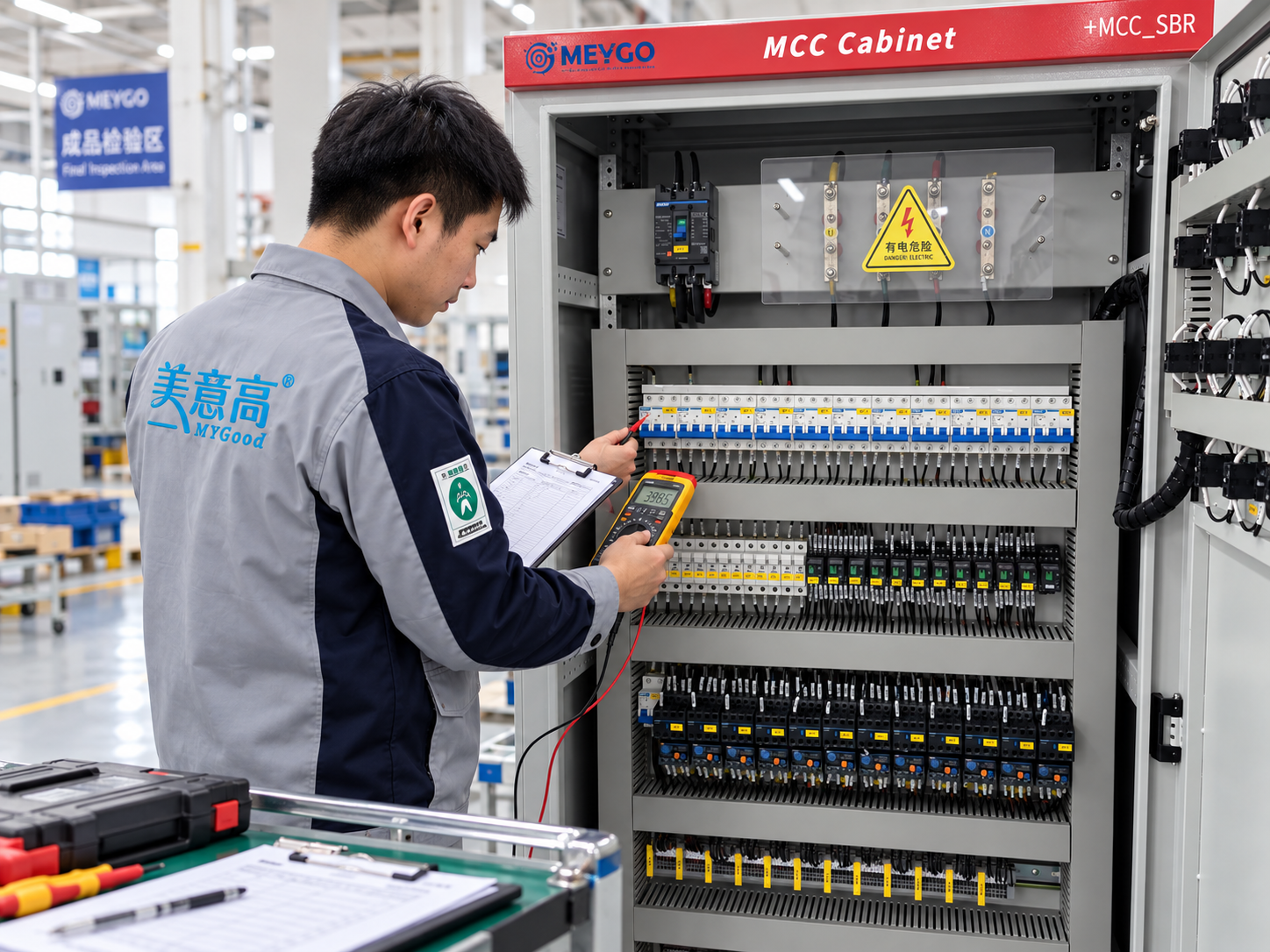 Factory electrical inspection of an industrial distribution cabinet