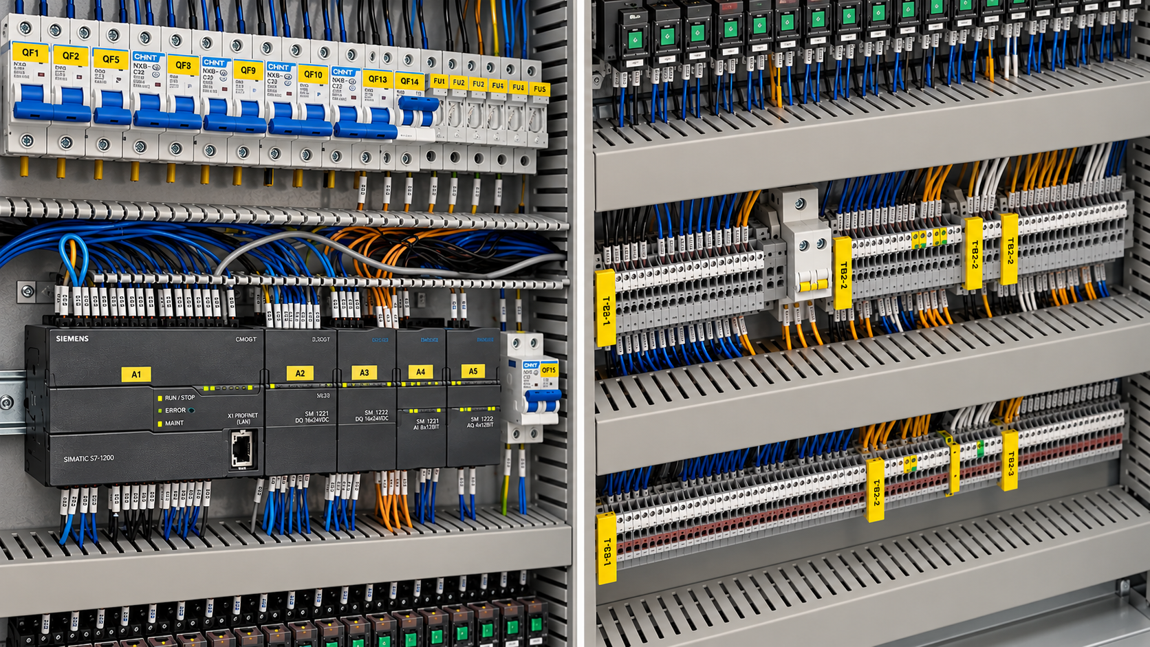 PLC control cabinet with CPU modules, I/O modules, terminal blocks and internal wiring