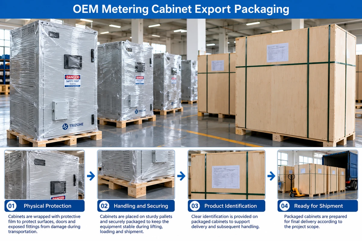 Export packaging of custom OEM electrical metering cabinets