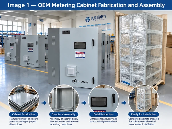 Custom electrical metering cabinet enclosure fabrication and assembly in a manufacturing workshop