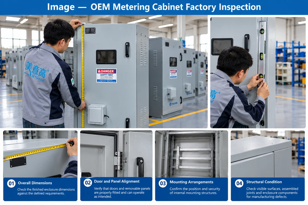 Factory dimensional and structural inspection of a custom electrical metering cabinet